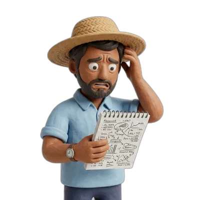 Farmer holding messy notebook